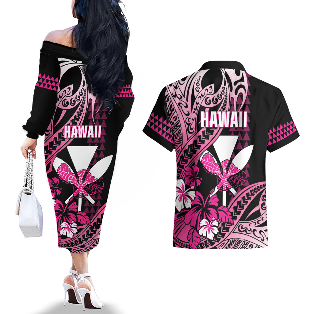 Hawaii Maui Upena Kiloi Couples Matching Off The Shoulder Long Sleeve Dress and Hawaiian Shirt Kakau Tribal Pattern Pink Version