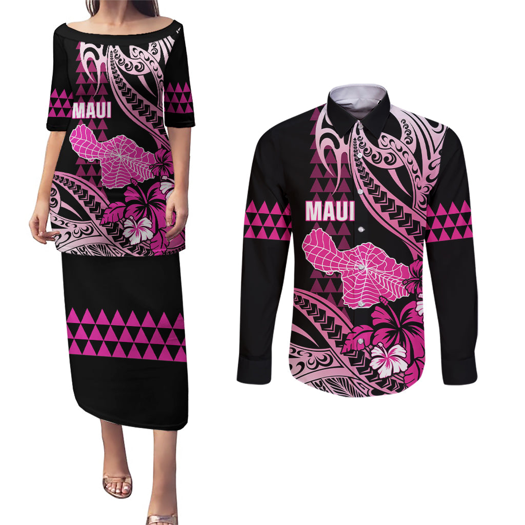 Hawaii Maui Upena Kiloi Couples Matching Puletasi and Long Sleeve Button Shirt Kakau Tribal Pattern Pink Version