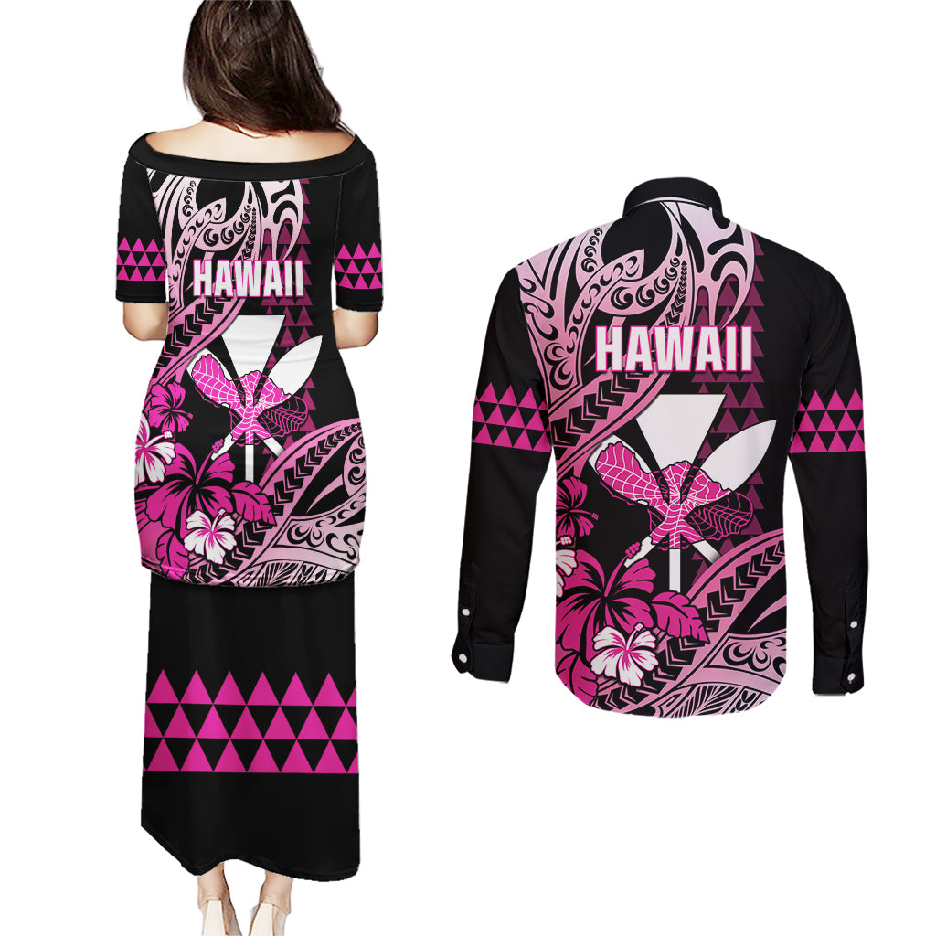 Hawaii Maui Upena Kiloi Couples Matching Puletasi and Long Sleeve Button Shirt Kakau Tribal Pattern Pink Version