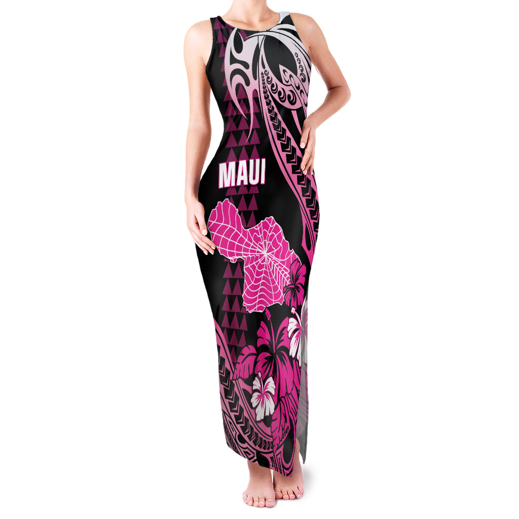 Hawaii Maui Upena Kiloi Family Matching Tank Maxi Dress and Hawaiian Shirt Kakau Tribal Pattern Pink Version