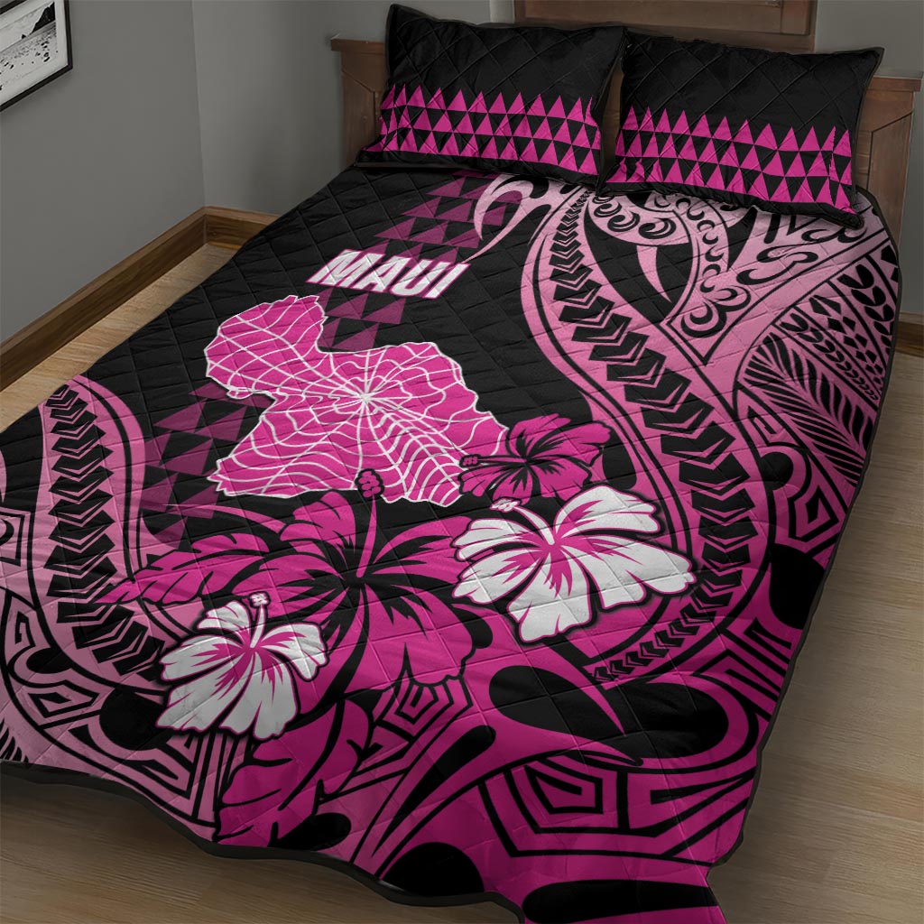Hawaii Maui Upena Kiloi Quilt Bed Set Kakau Tribal Pattern Pink Version