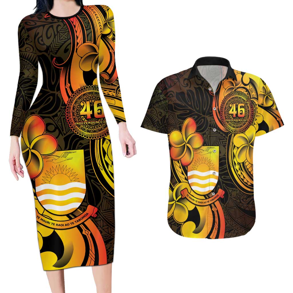 Personalised Kiribati Independence Day Couples Matching Long Sleeve Bodycon Dress and Hawaiian Shirt 46th Anniversary LT05 Yellow - Polynesian Pride