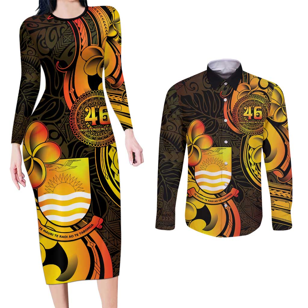Personalised Kiribati Independence Day Couples Matching Long Sleeve Bodycon Dress and Long Sleeve Button Shirt 46th Anniversary LT05 Yellow - Polynesian Pride