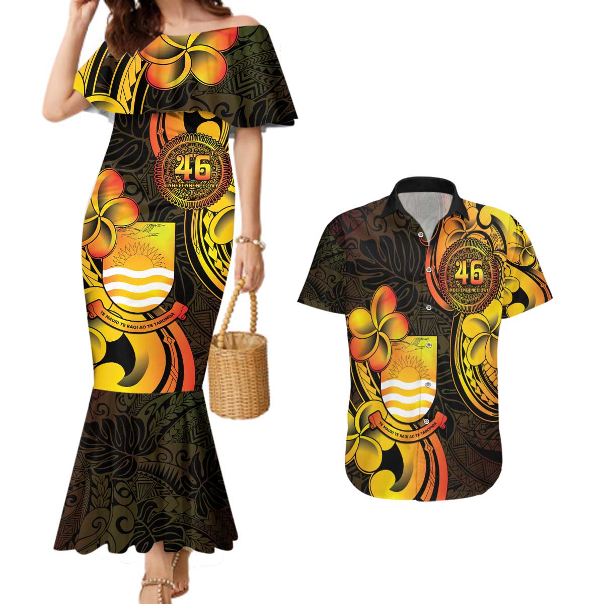 Personalised Kiribati Independence Day Couples Matching Mermaid Dress and Hawaiian Shirt 46th Anniversary LT05 Yellow - Polynesian Pride
