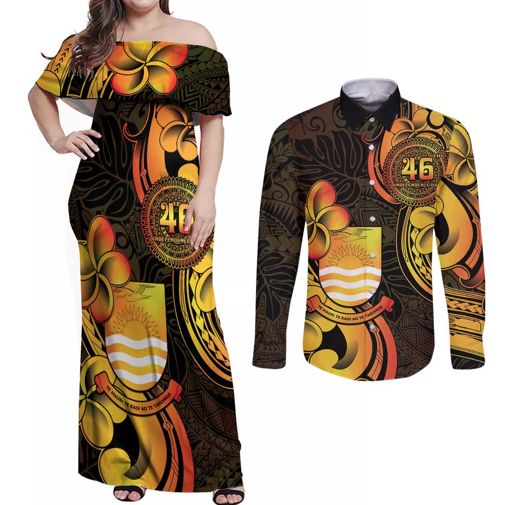 Personalised Kiribati Independence Day Couples Matching Off Shoulder Maxi Dress and Long Sleeve Button Shirt 46th Anniversary LT05 Yellow - Polynesian Pride