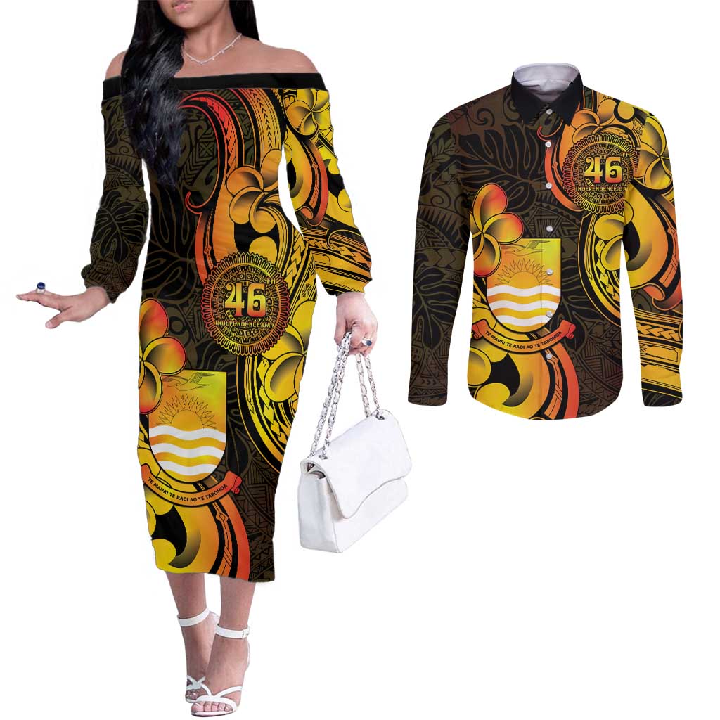 Personalised Kiribati Independence Day Couples Matching Off The Shoulder Long Sleeve Dress and Long Sleeve Button Shirt 46th Anniversary LT05 Yellow - Polynesian Pride