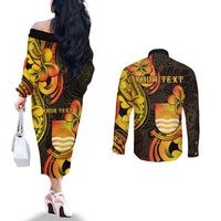Personalised Kiribati Independence Day Couples Matching Off The Shoulder Long Sleeve Dress and Long Sleeve Button Shirt 46th Anniversary LT05 - Polynesian Pride
