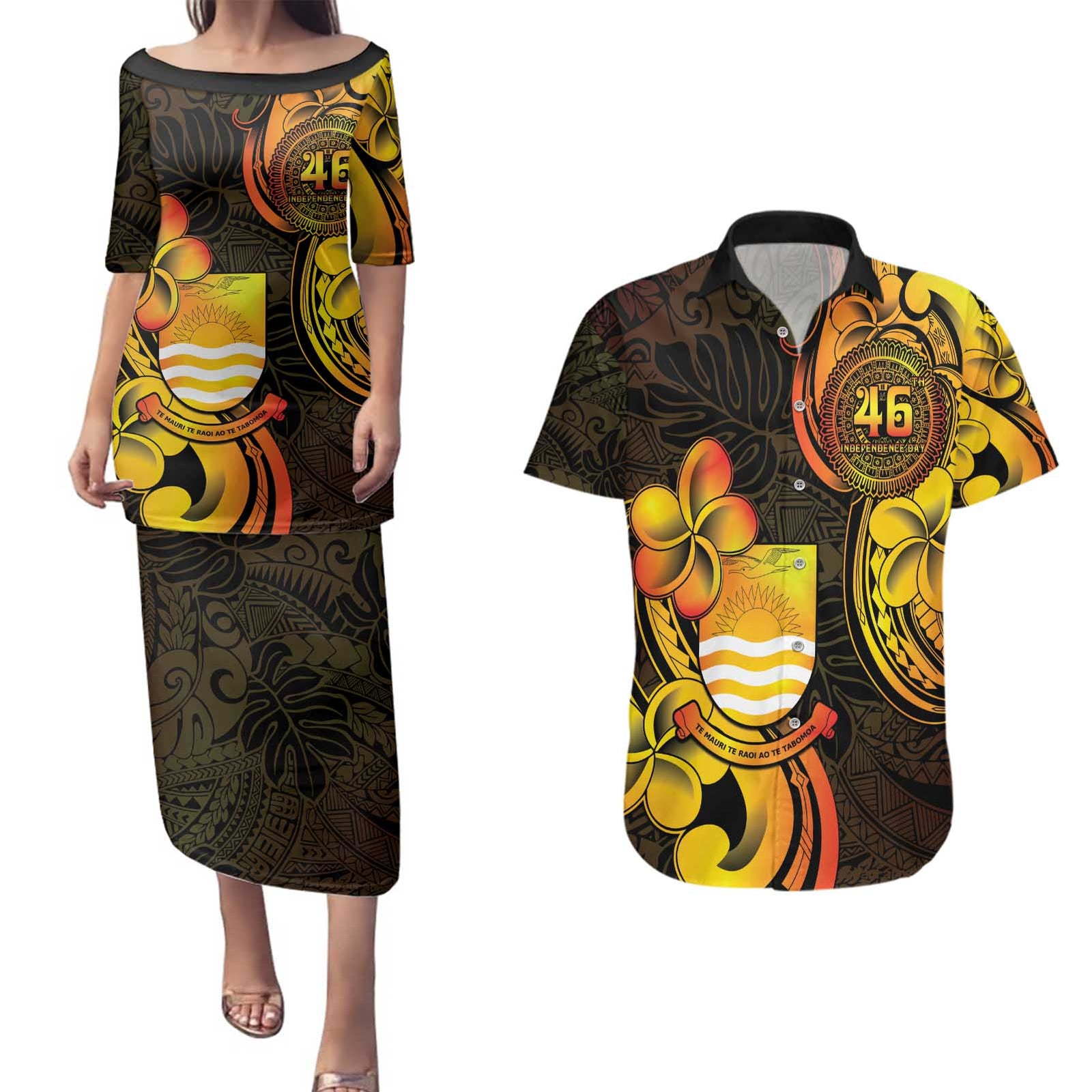 Personalised Kiribati Independence Day Couples Matching Puletasi and Hawaiian Shirt 46th Anniversary LT05 Yellow - Polynesian Pride