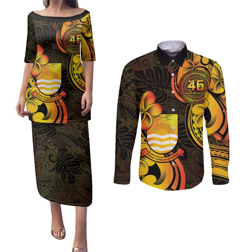 Personalised Kiribati Independence Day Couples Matching Puletasi and Long Sleeve Button Shirt 46th Anniversary LT05 Yellow - Polynesian Pride