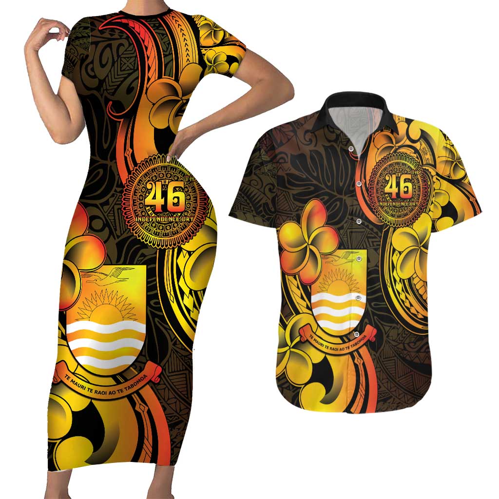 Personalised Kiribati Independence Day Couples Matching Short Sleeve Bodycon Dress and Hawaiian Shirt 46th Anniversary LT05 Yellow - Polynesian Pride