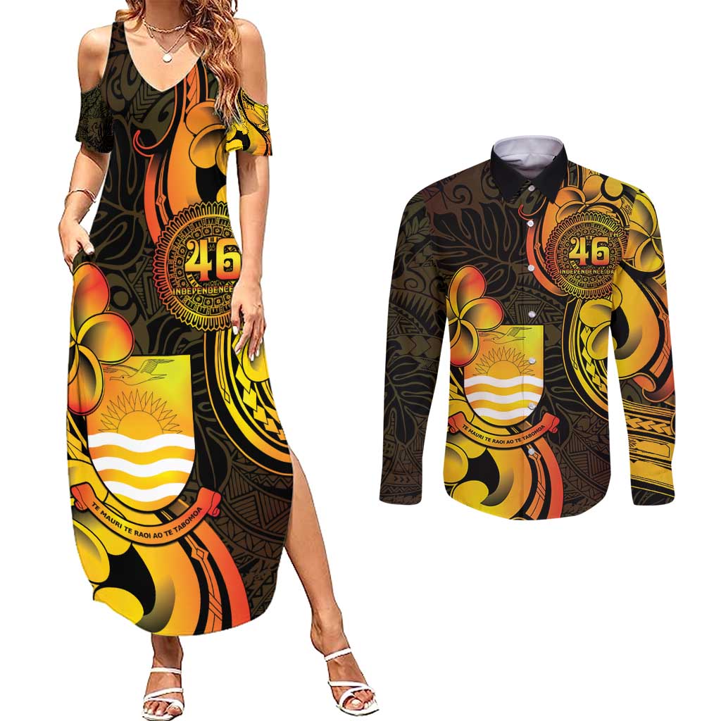 Personalised Kiribati Independence Day Couples Matching Summer Maxi Dress and Long Sleeve Button Shirt 46th Anniversary LT05 Yellow - Polynesian Pride