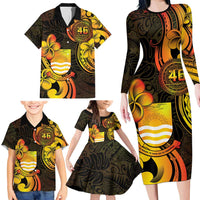 Personalised Kiribati Independence Day Family Matching Long Sleeve Bodycon Dress and Hawaiian Shirt 46th Anniversary