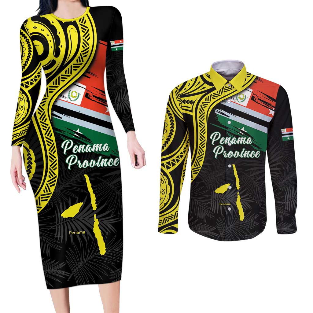 Personalised Vanuatu Penama Day Couples Matching Long Sleeve Bodycon Dress and Long Sleeve Button Shirt Grunge Flag Style - Polynesian Pride