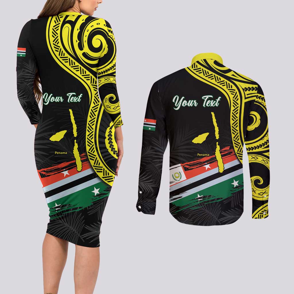 Personalised Vanuatu Penama Day Couples Matching Long Sleeve Bodycon Dress and Long Sleeve Button Shirt Grunge Flag Style - Polynesian Pride