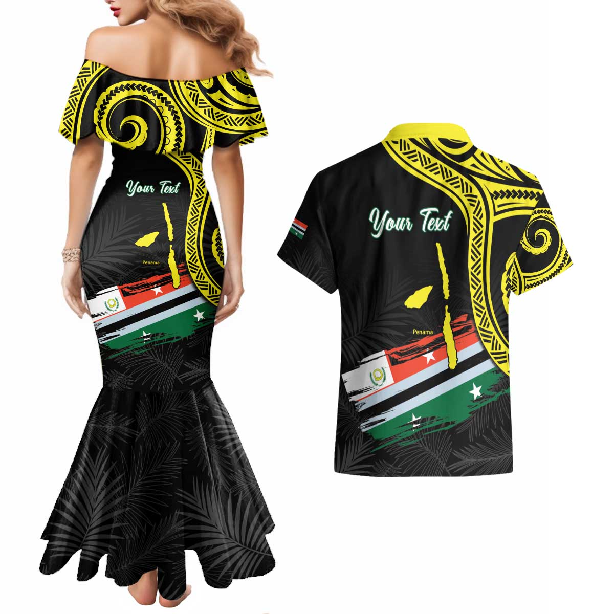 Personalised Vanuatu Penama Day Couples Matching Mermaid Dress and Hawaiian Shirt Grunge Flag Style - Polynesian Pride