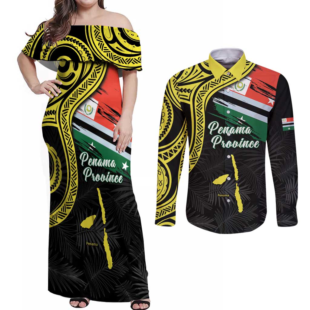 Personalised Vanuatu Penama Day Couples Matching Off Shoulder Maxi Dress and Long Sleeve Button Shirt Grunge Flag Style - Polynesian Pride