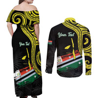 Personalised Vanuatu Penama Day Couples Matching Off Shoulder Maxi Dress and Long Sleeve Button Shirt Grunge Flag Style - Polynesian Pride