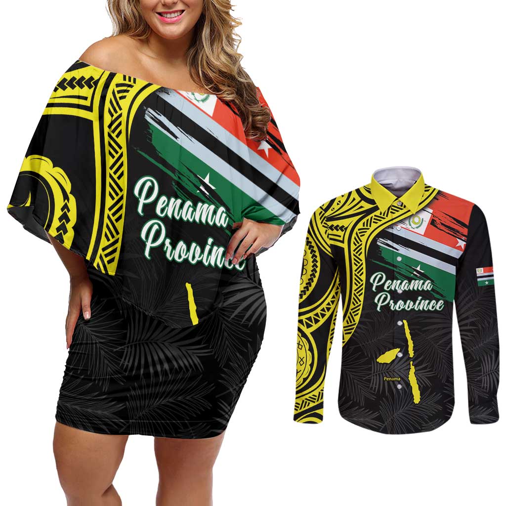 Personalised Vanuatu Penama Day Couples Matching Off Shoulder Short Dress and Long Sleeve Button Shirt Grunge Flag Style - Polynesian Pride