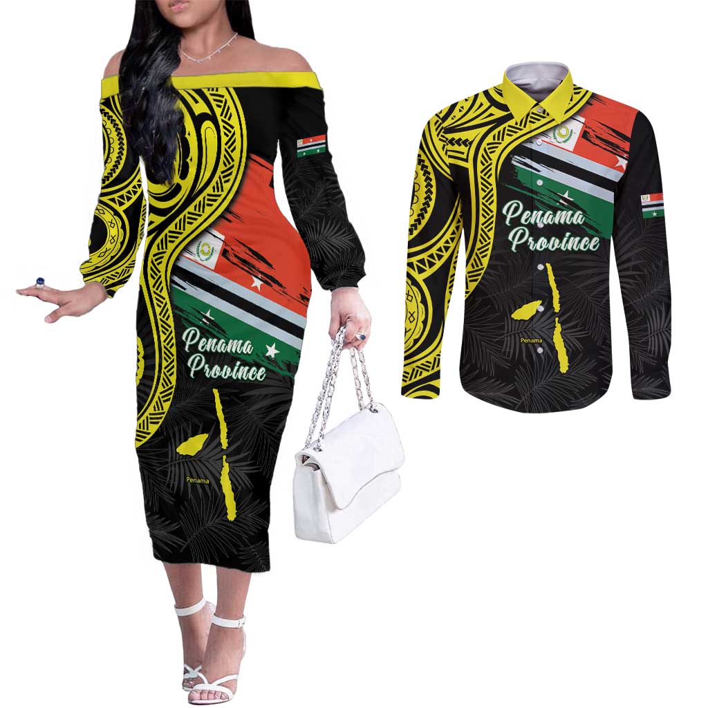 Personalised Vanuatu Penama Day Couples Matching Off The Shoulder Long Sleeve Dress and Long Sleeve Button Shirt Grunge Flag Style - Polynesian Pride