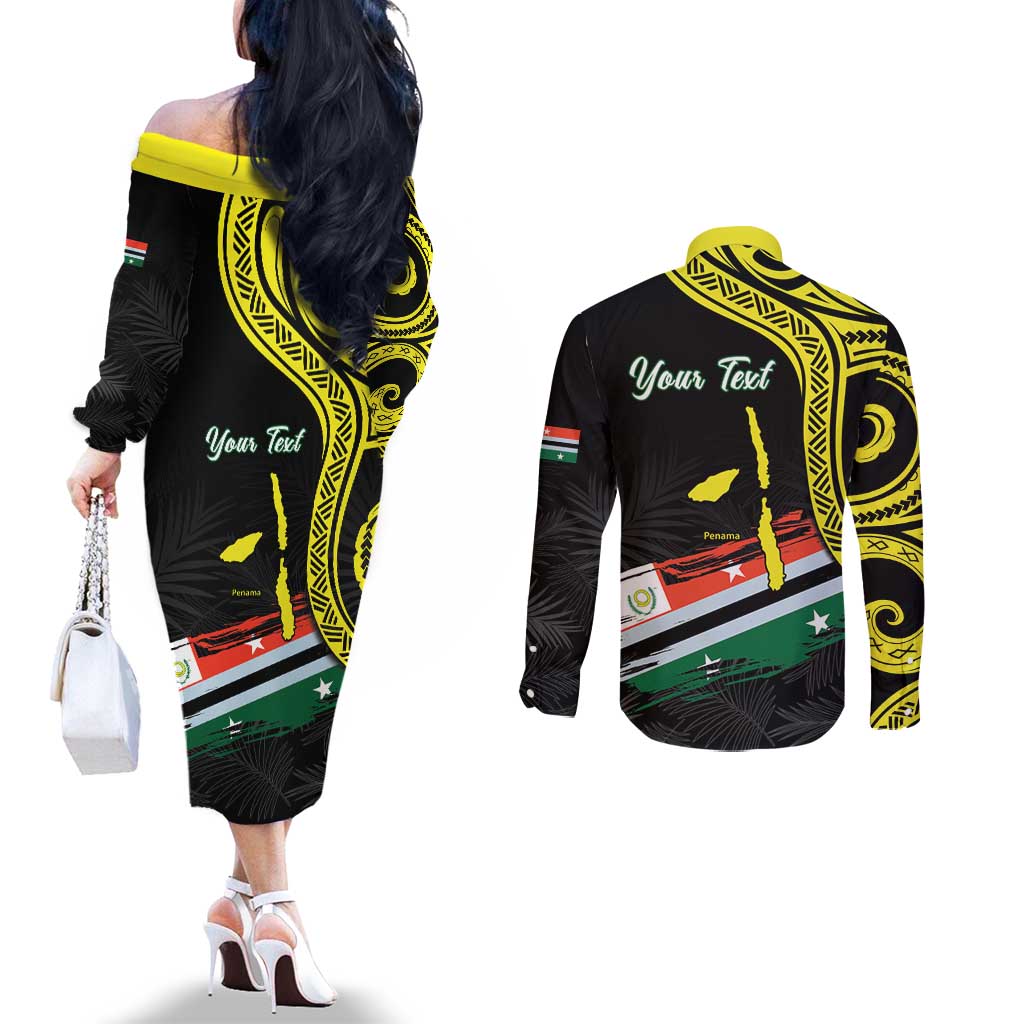 Personalised Vanuatu Penama Day Couples Matching Off The Shoulder Long Sleeve Dress and Long Sleeve Button Shirt Grunge Flag Style - Polynesian Pride