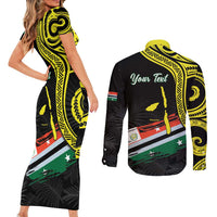Personalised Vanuatu Penama Day Couples Matching Short Sleeve Bodycon Dress and Long Sleeve Button Shirt Grunge Flag Style - Polynesian Pride