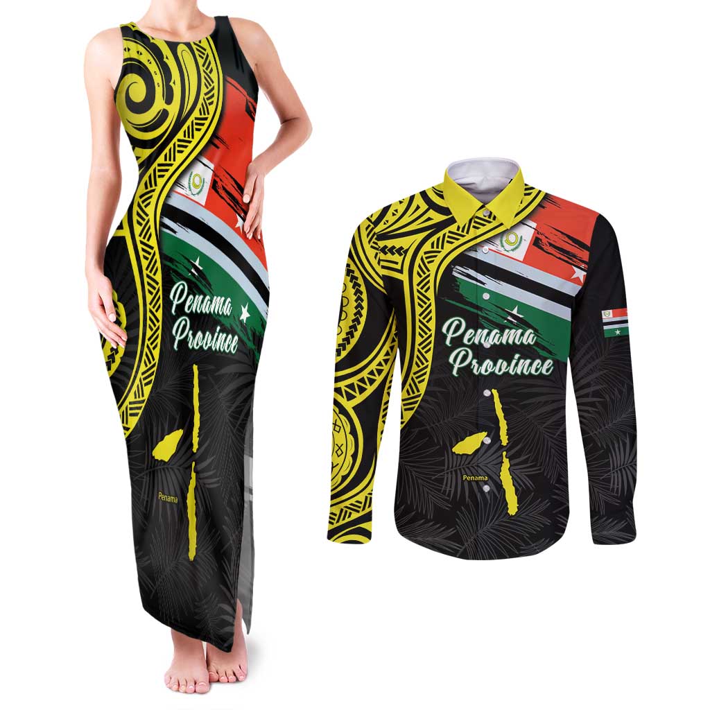 Personalised Vanuatu Penama Day Couples Matching Tank Maxi Dress and Long Sleeve Button Shirt Grunge Flag Style - Polynesian Pride