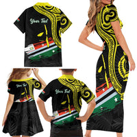 Personalised Vanuatu Penama Day Family Matching Short Sleeve Bodycon Dress and Hawaiian Shirt Grunge Flag Style - Polynesian Pride