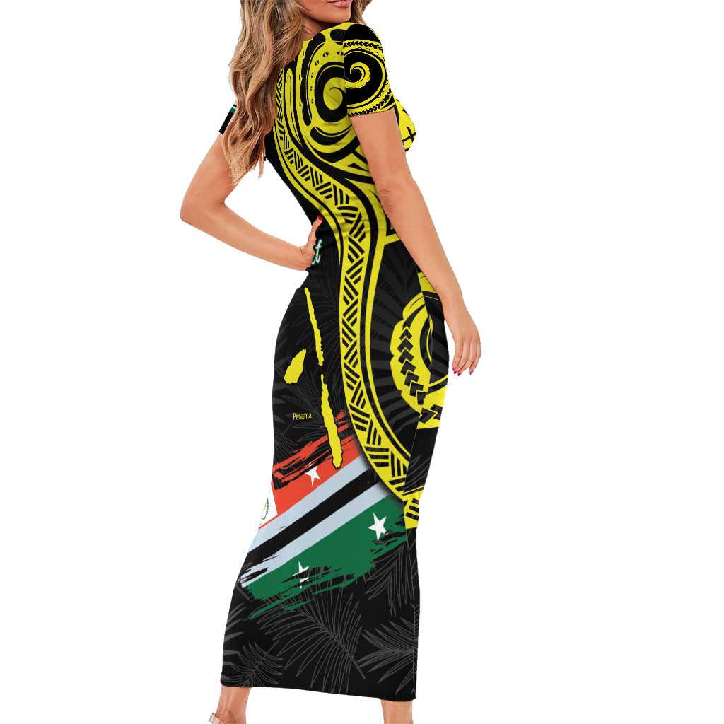 Personalised Vanuatu Penama Day Family Matching Short Sleeve Bodycon Dress and Hawaiian Shirt Grunge Flag Style - Polynesian Pride