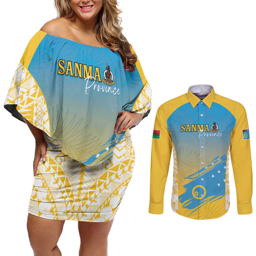 Personalised Vanuatu Sanma Day Couples Matching Off Shoulder Short Dress and Long Sleeve Button Shirt Special Style - Polynesian Pride