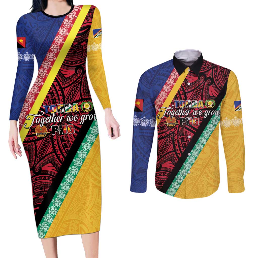 Love Torba PNG Day Couples Matching Long Sleeve Bodycon Dress and Long Sleeve Button Shirt Together We Grow - Polynesian Pride
