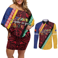 Love Torba PNG Day Couples Matching Off Shoulder Short Dress and Long Sleeve Button Shirt Together We Grow - Polynesian Pride