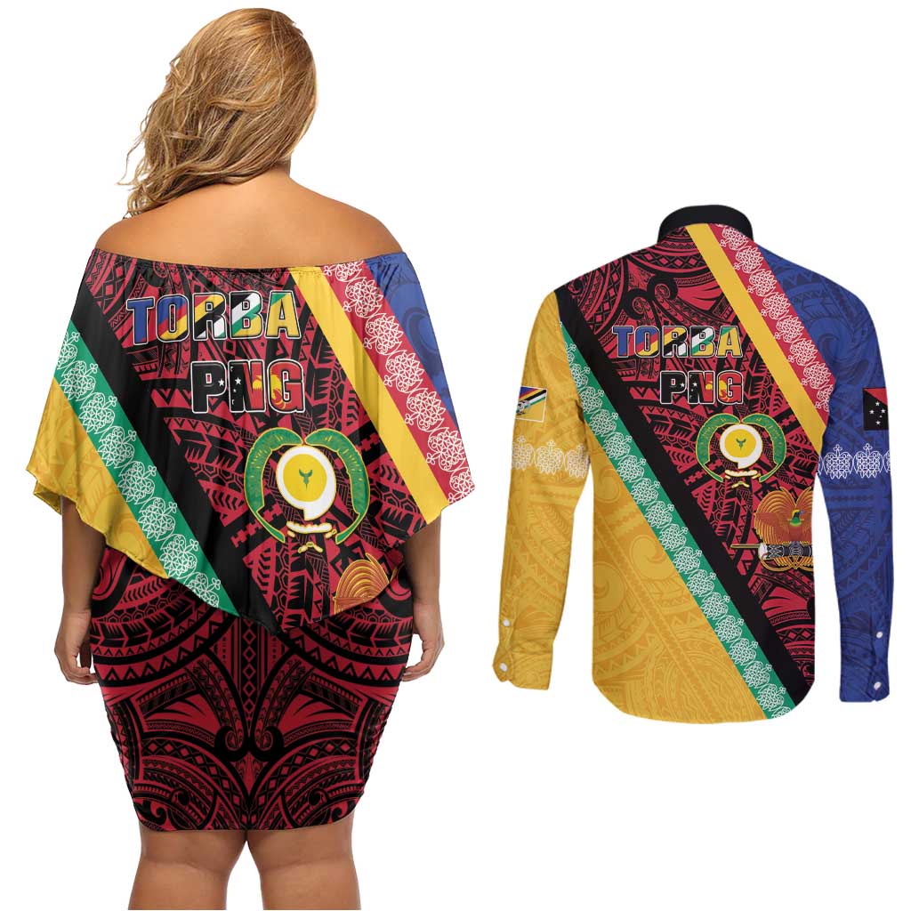Love Torba PNG Day Couples Matching Off Shoulder Short Dress and Long Sleeve Button Shirt Together We Grow - Polynesian Pride