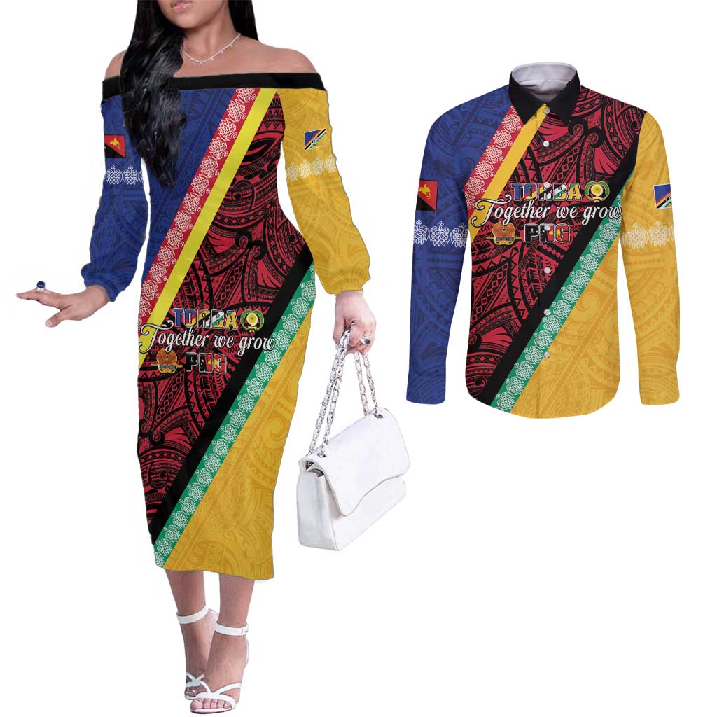 Love Torba PNG Day Couples Matching Off The Shoulder Long Sleeve Dress and Long Sleeve Button Shirt Together We Grow - Polynesian Pride