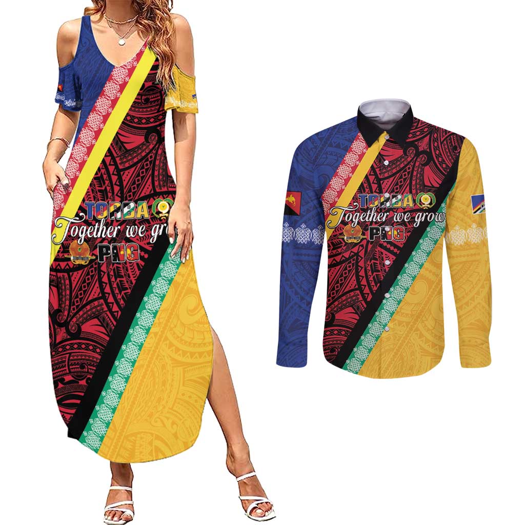 Love Torba PNG Day Couples Matching Summer Maxi Dress and Long Sleeve Button Shirt Together We Grow - Polynesian Pride