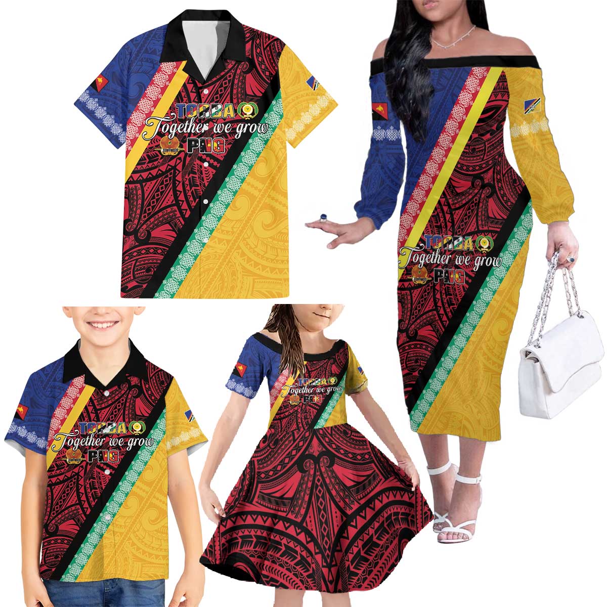 Love Torba PNG Day Family Matching Off The Shoulder Long Sleeve Dress and Hawaiian Shirt Together We Grow - Polynesian Pride