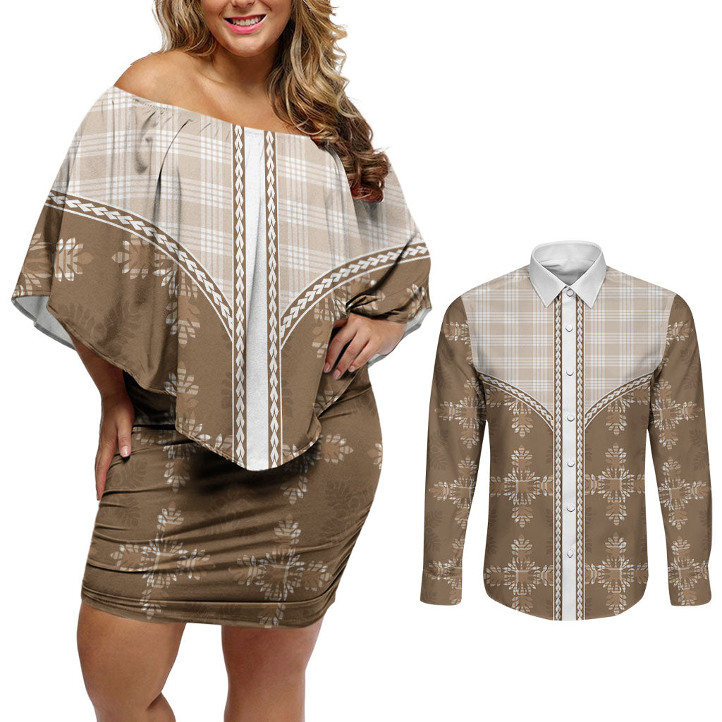 Beige Hawaii Paniolo Quilt Motif Couples Matching Off Shoulder Short Dress and Long Sleeve Button Shirt
