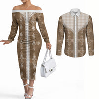 Beige Hawaii Paniolo Quilt Motif Couples Matching Off The Shoulder Long Sleeve Dress and Long Sleeve Button Shirt LT05 Beige - Polynesian Pride