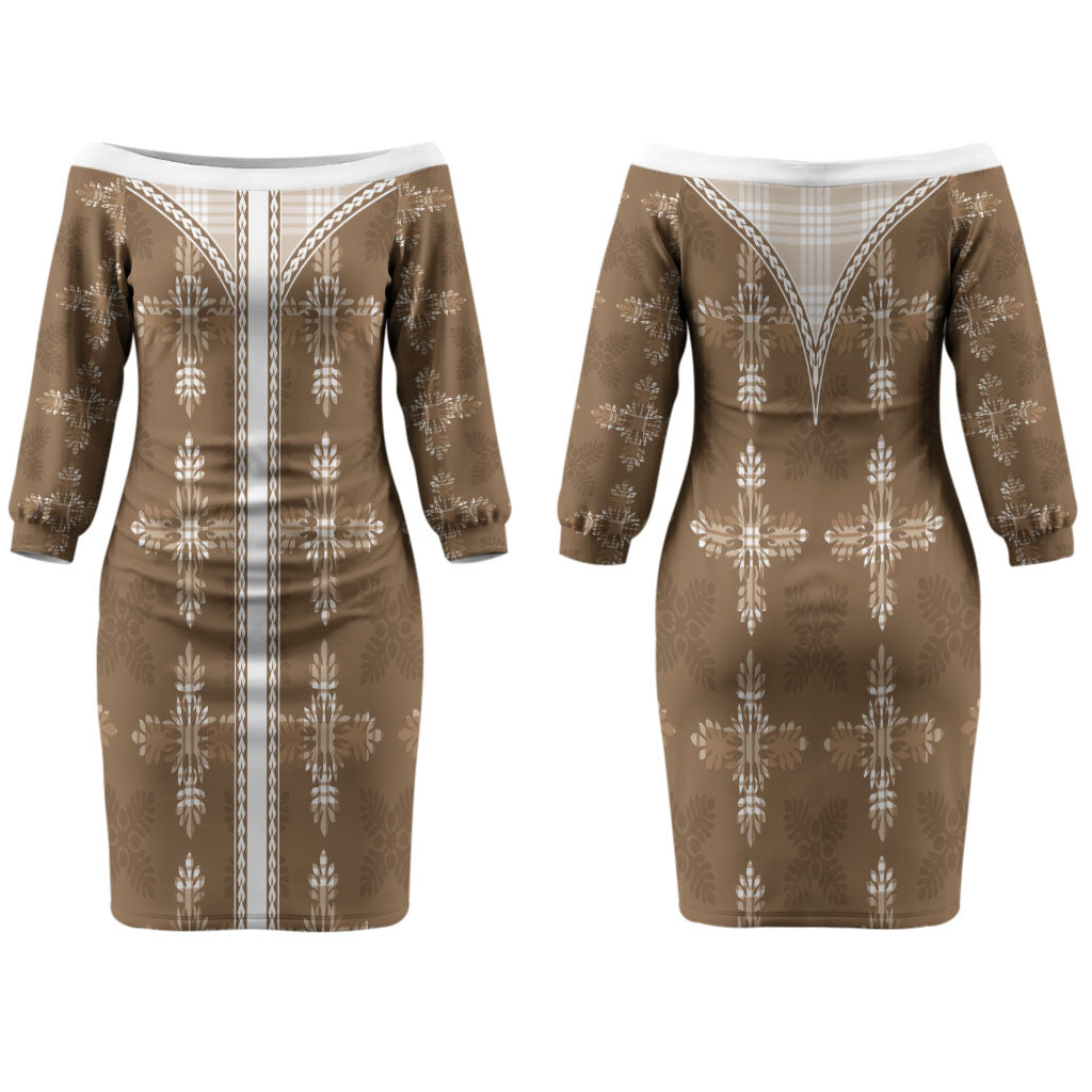 Beige Hawaii Paniolo Quilt Motif Couples Matching Off The Shoulder Long Sleeve Dress and Long Sleeve Button Shirt LT05 - Polynesian Pride