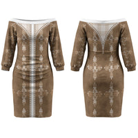 Beige Hawaii Paniolo Quilt Motif Couples Matching Off The Shoulder Long Sleeve Dress and Long Sleeve Button Shirt LT05 - Polynesian Pride