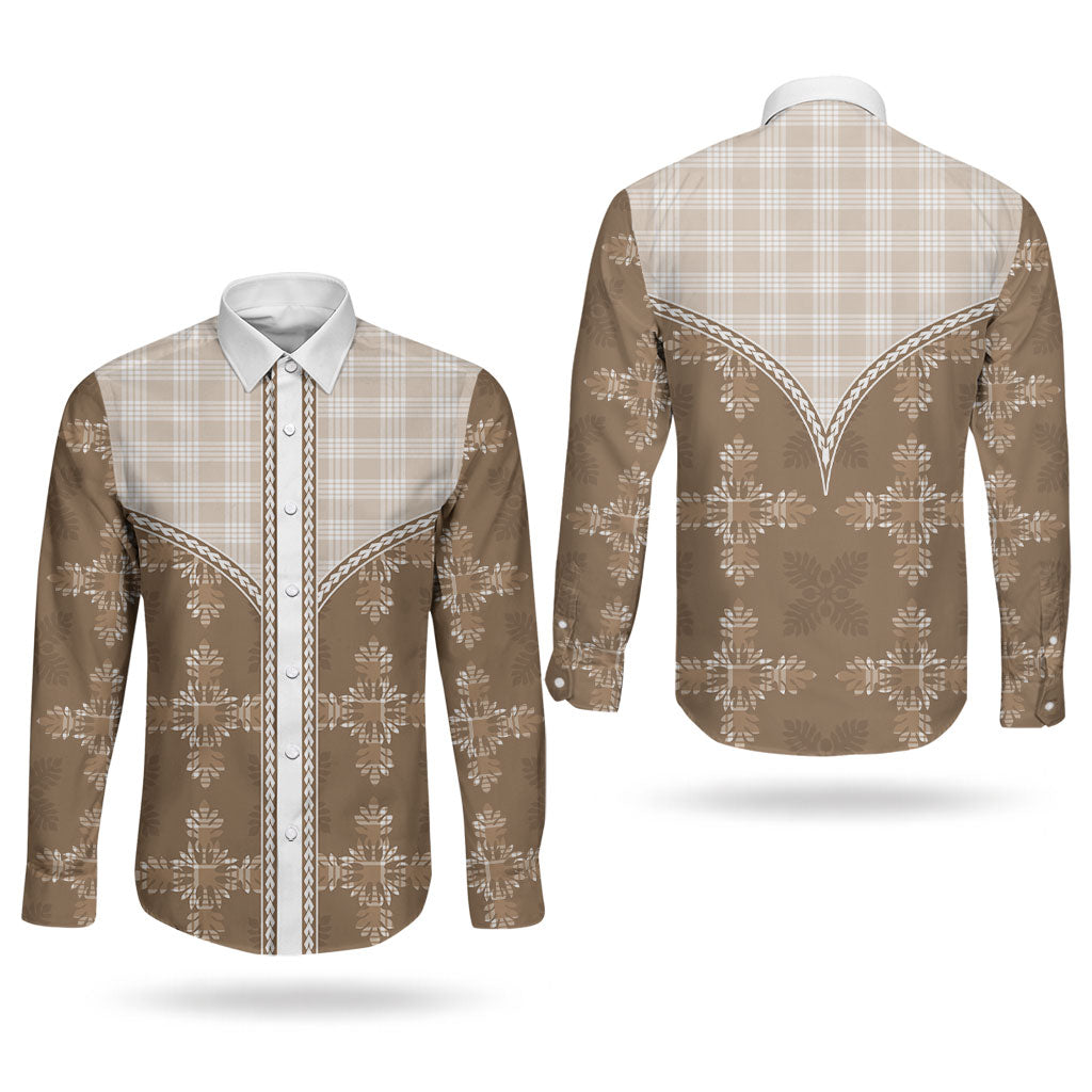 Beige Hawaii Paniolo Quilt Motif Couples Matching Tank Maxi Dress and Long Sleeve Button Shirt LT05 - Polynesian Pride