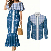 Blue Hawaii Paniolo Quilt Motif Couples Matching Mermaid Dress and Long Sleeve Button Shirt LT05 Blue - Polynesian Pride