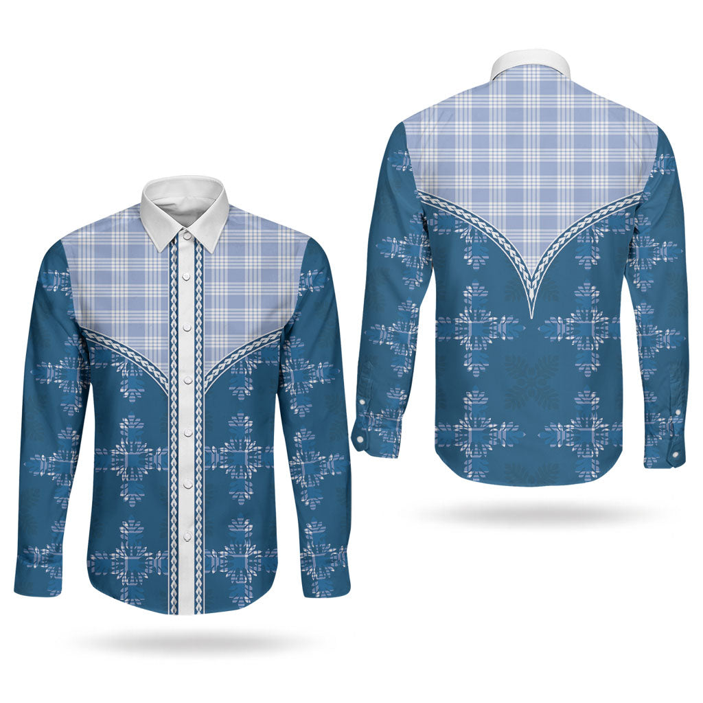 Blue Hawaii Paniolo Quilt Motif Couples Matching Mermaid Dress and Long Sleeve Button Shirt LT05 - Polynesian Pride