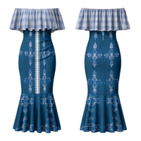 Blue Hawaii Paniolo Quilt Motif Couples Matching Mermaid Dress and Long Sleeve Button Shirt LT05 - Polynesian Pride