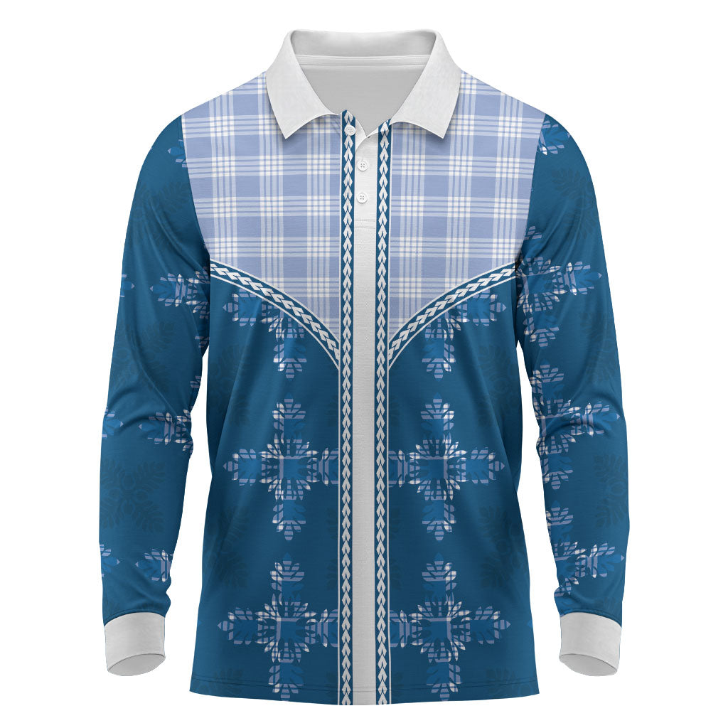 Blue Hawaii Paniolo Quilt Motif Long Sleeve Polo Shirt LT05 Blue - Polynesian Pride
