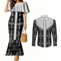 Black Hawaii Paniolo Quilt Motif Couples Matching Mermaid Dress and Long Sleeve Button Shirt LT05 Black - Polynesian Pride
