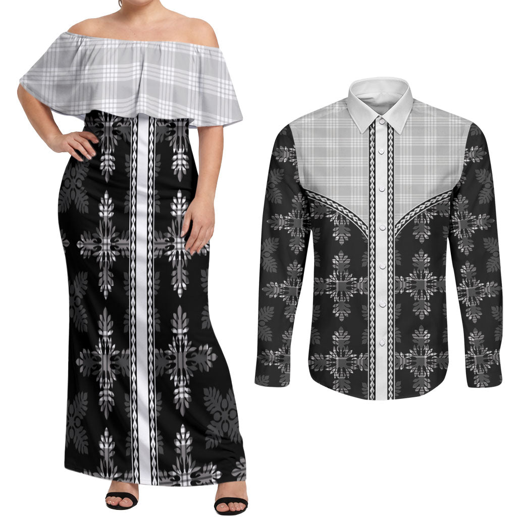 Black Hawaii Paniolo Quilt Motif Couples Matching Off Shoulder Maxi Dress and Long Sleeve Button Shirt