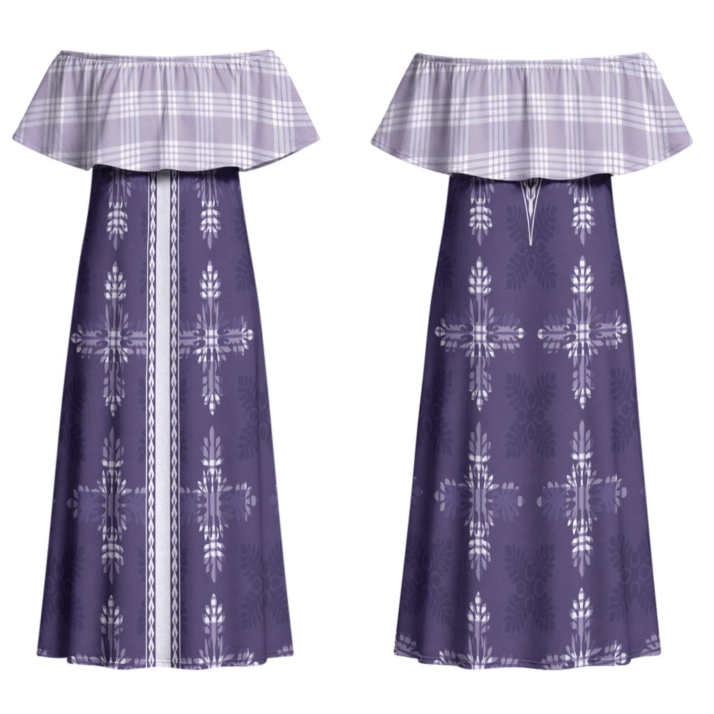 Purple Hawaii Paniolo Quilt Motif Couples Matching Off Shoulder Maxi Dress and Hawaiian Shirt LT05 - Polynesian Pride