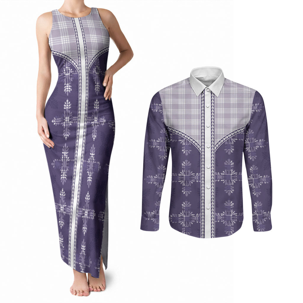 Purple Hawaii Paniolo Quilt Motif Couples Matching Tank Maxi Dress and Long Sleeve Button Shirt