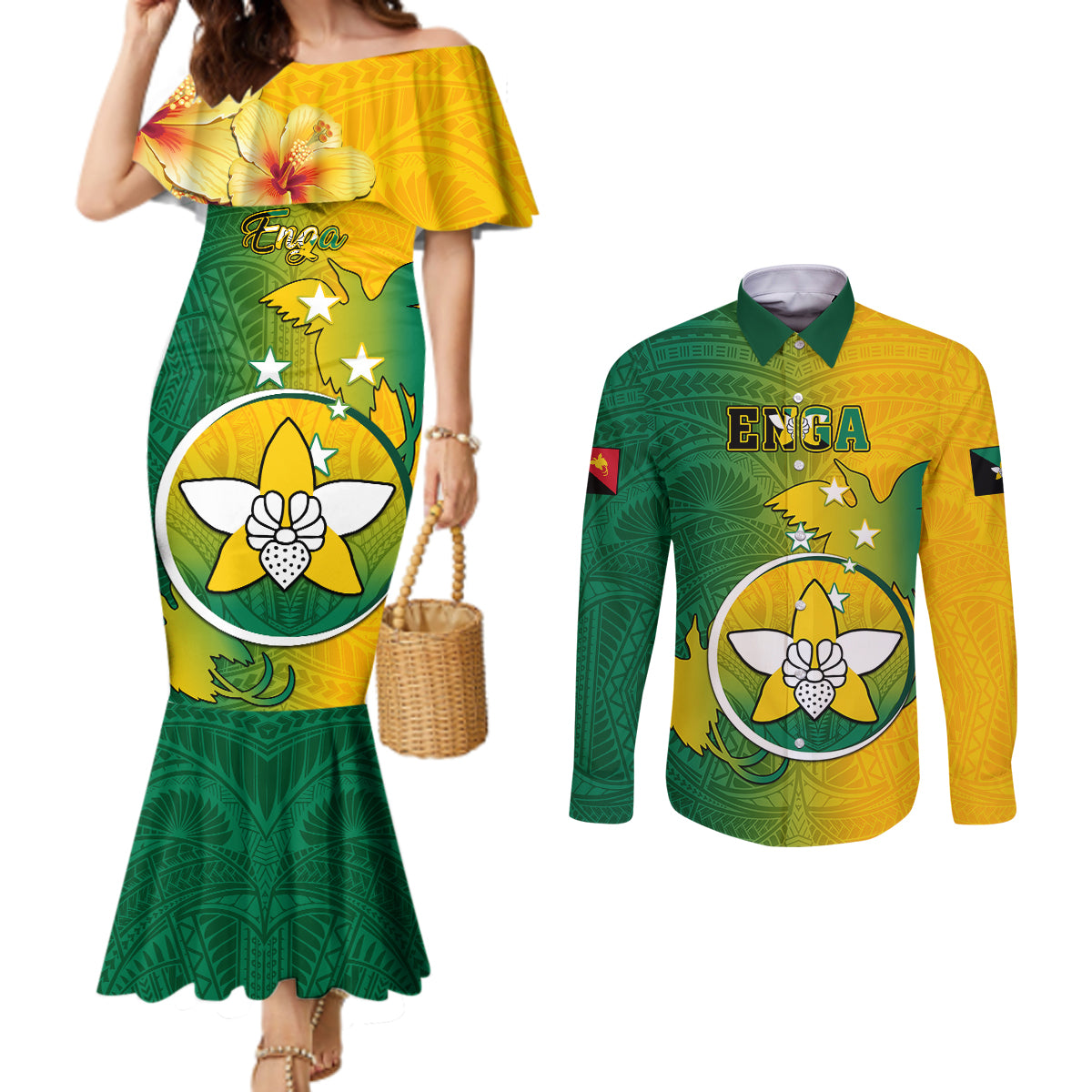 Papua New Guinea Enga Province Couples Matching Mermaid Dress and Long Sleeve Button Shirts Mix Coat Of Arms Polynesian Pattern LT05 Green - Polynesian Pride