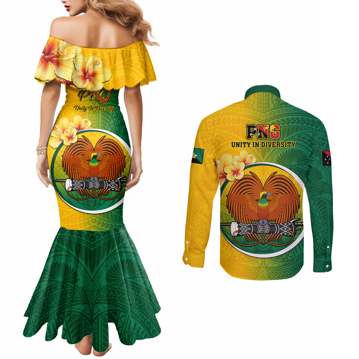 Papua New Guinea Enga Province Couples Matching Mermaid Dress and Long Sleeve Button Shirts Mix Coat Of Arms Polynesian Pattern LT05 - Polynesian Pride